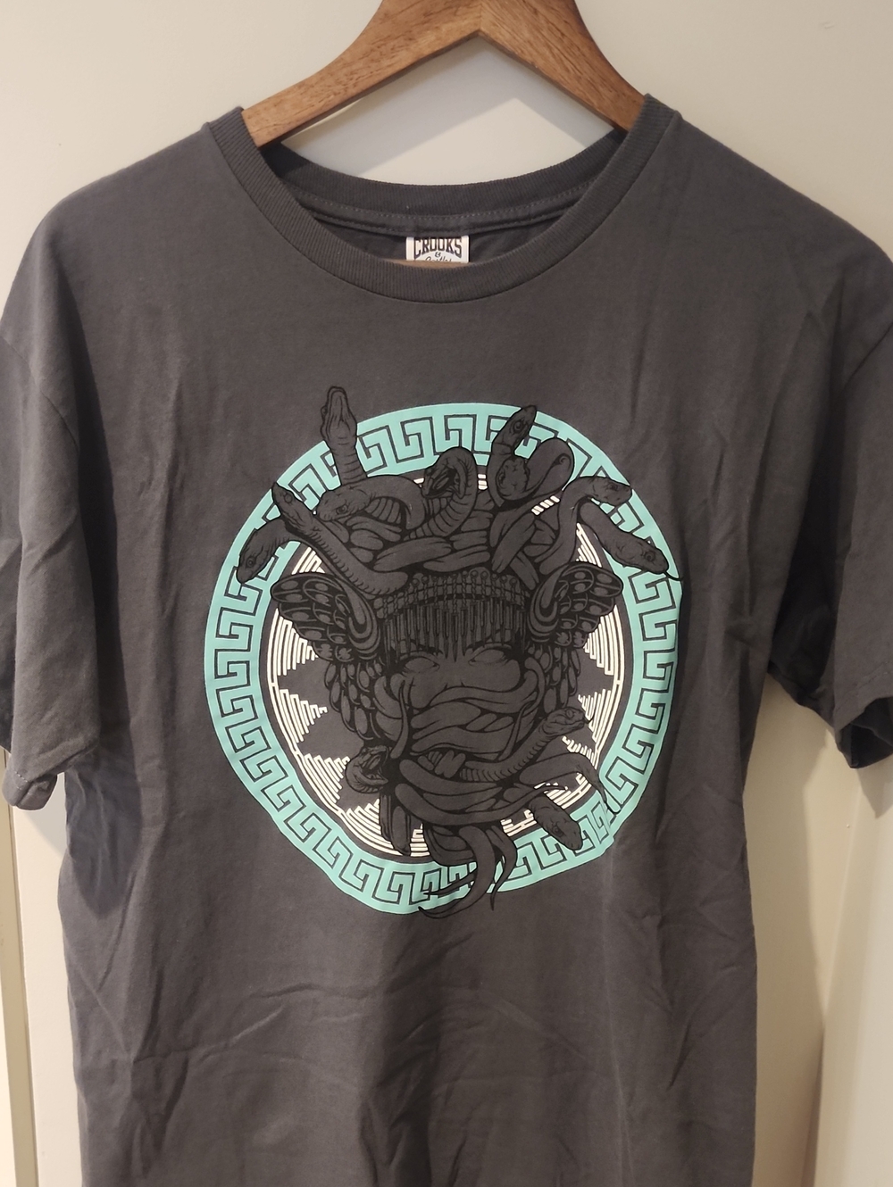 Crooks & Castles Charcoal Tee with Teal Medusa Graphic